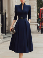 Structured Notch Neck Belted Midi Dress