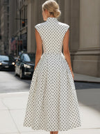 Vintage Polka Dot Mock Neck Cap-Sleeve Midi Dress