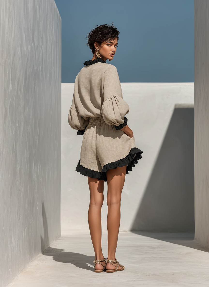 Women’s Beige Linen-Blend Contrast Ruffle Trim Long Sleeve Blouse & High-Waisted Ruffle Hem Shorts Two-Piece Set MDZ1018D0T