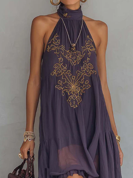 Retro Halter Neck Irregular Ruffle Maxi Dress