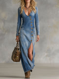 V-neck Single-breasted Side-slit Denim Long-sleeved Maxi Dress