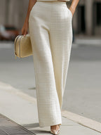 Tweed Cropped Short-Sleeve Jacket & High-Waisted Wide-Leg Pants Two-Piece Set