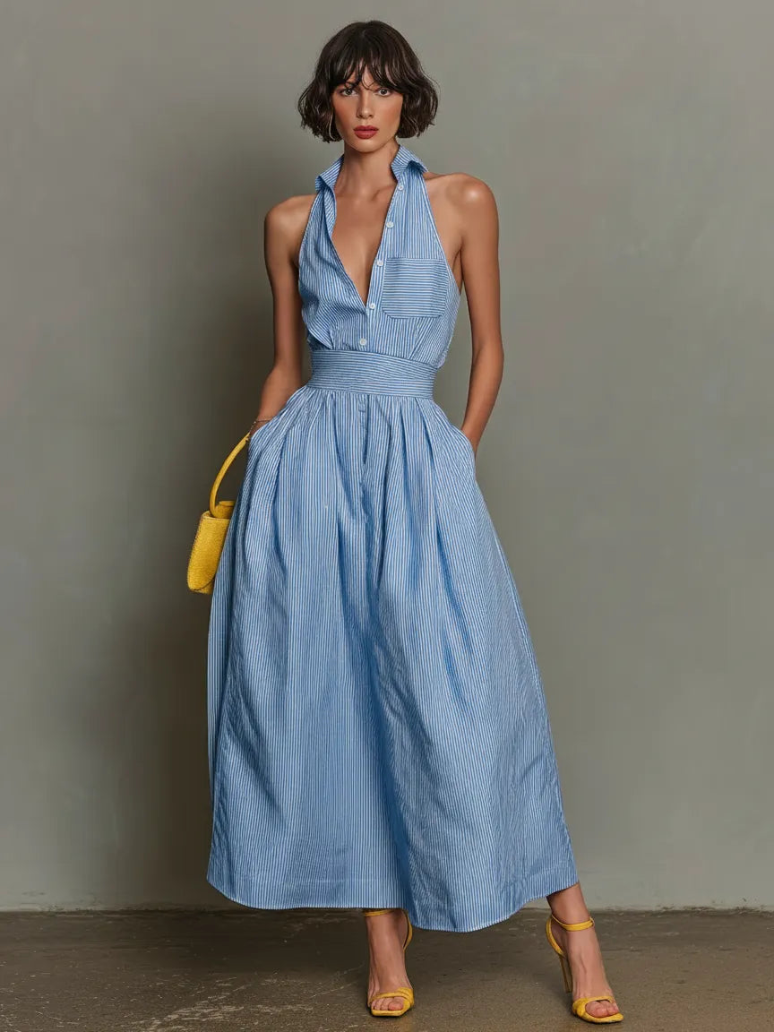 Women's Minimalist Striped Lapel Sleeveless Maxi Dress MDZ1099D5Y