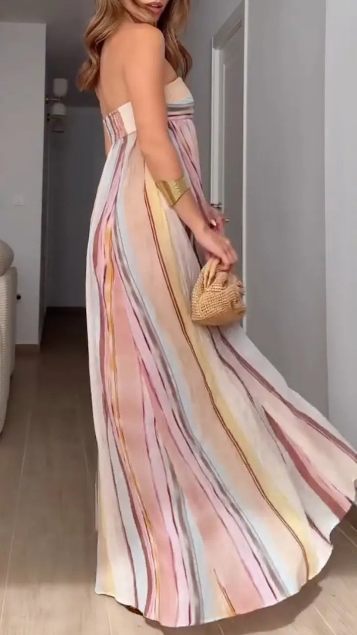 复制Black Draped Sleeveless Midi DressPastel Watercolor Stripe Strapless Maxi Dress