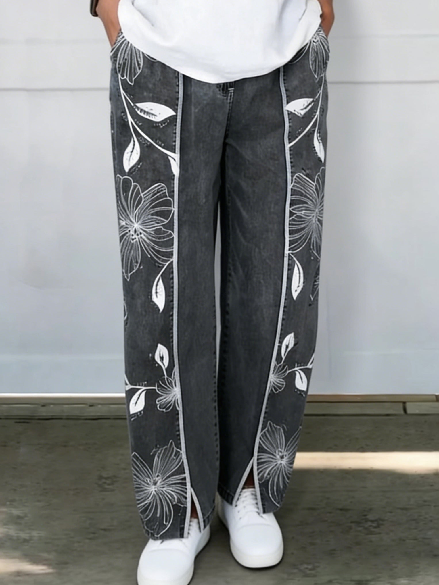 Cozy Artistic Floral Print Jeans