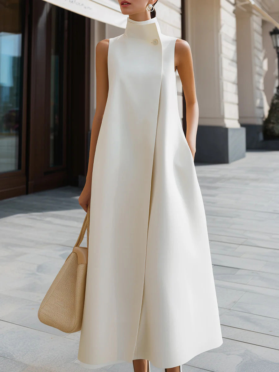 Women's Solid Color Stand Collar Sleeveless Casual Loose Cotton Linen Dress
