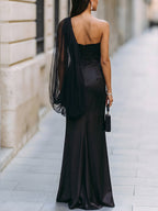 One-shoulder satin mermaid gown with a sheer tulle overlay