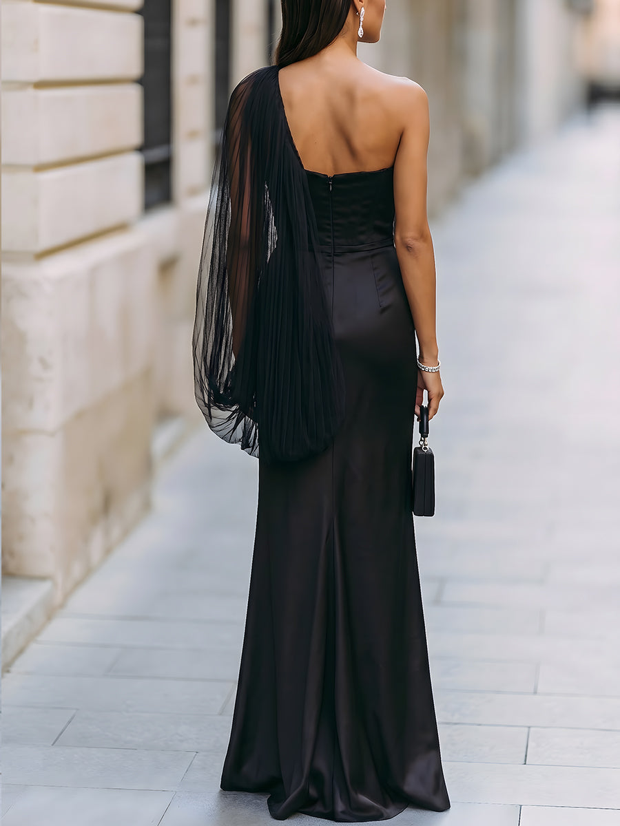 One-shoulder satin mermaid gown with a sheer tulle overlay