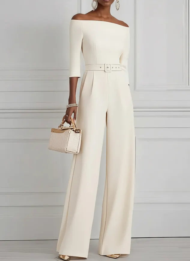 Women Purple Off The Shoulder Half Sleeve Dressy Jumpsuit With Pockets