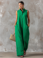 Women's Minimalist Loose-Fit Linen-Blend Jumpsuit — Stand Collar, Sleeveless, Single-Breasted MDZ2928D6Y