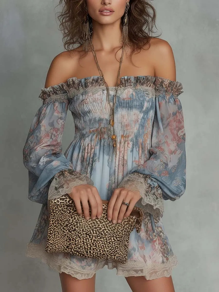 Romantic Floral Off-Shoulder Ruched Chiffon Mini Dress