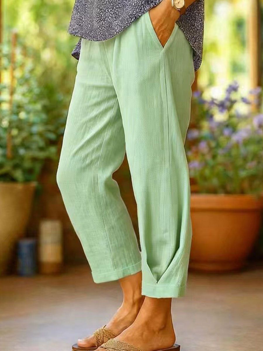 Women's Cotton-linen Solid Color Elastic Waist Pockets Straight Leg Loose-fit Casual Trousers