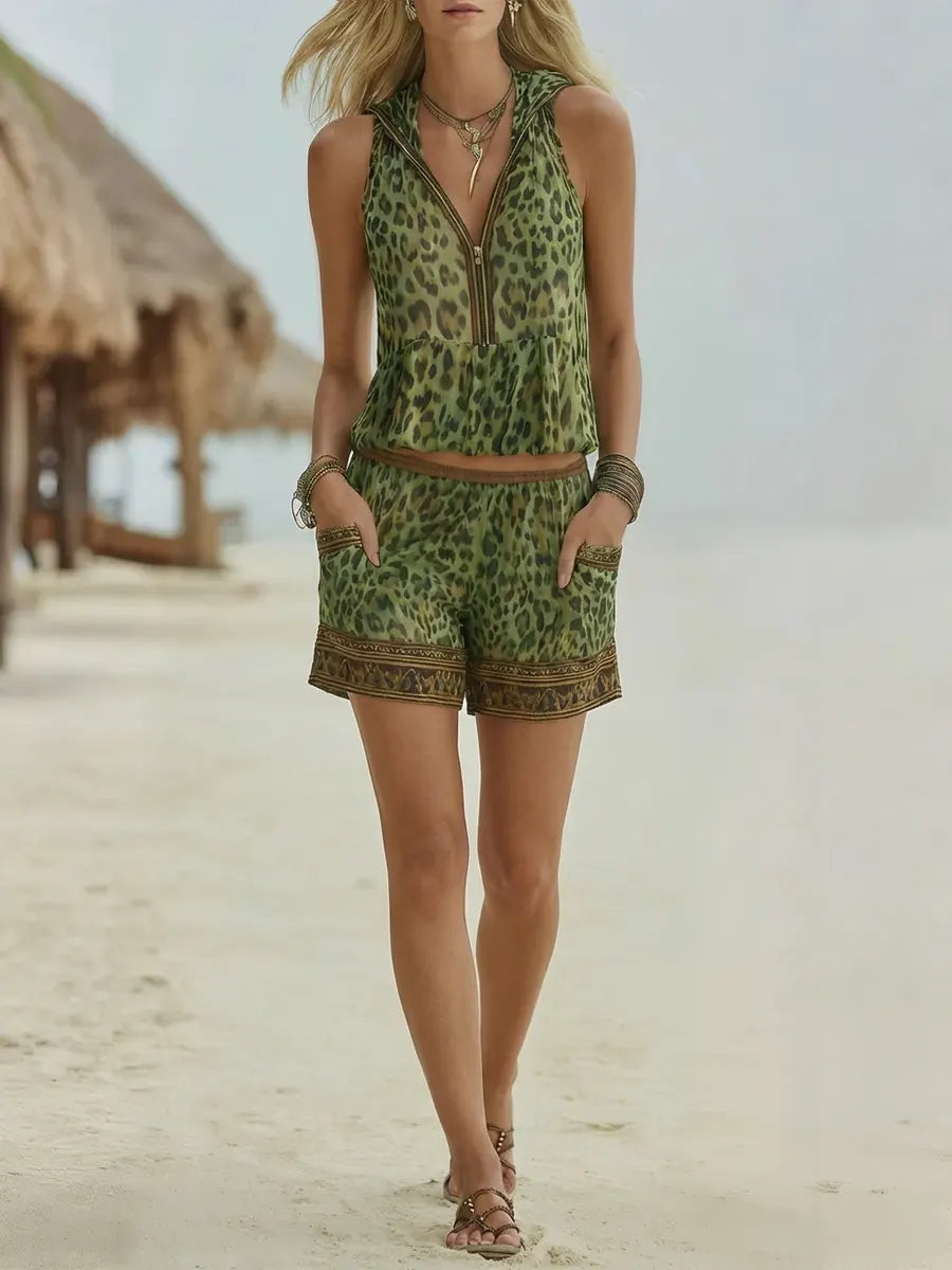 Women's Retro Leopard Art Print Hooded Casual Top And Pants Suits