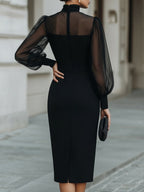 High-Neck Sheer Sleeve Tailored Midi Dress