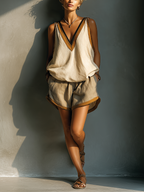 Women's Beige Linen-Blend Contrast Trim V-Neck Tank Top & Khaki Shorts Two-Piece Set MDZ2086C2T