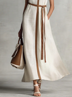 Women's Sleeveless V-Neck Tie-Waist Cotton Linen Maxi Dress MDZ1153B7BA