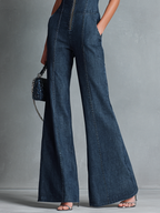Women's Retro Style Dark Blue Denim Sleeveless High-Neck Flared Jumpsuit With Front Zipper MDZ1239B2BA