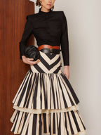 Chevron Striped Tiered Ruffle Midi Skirt
