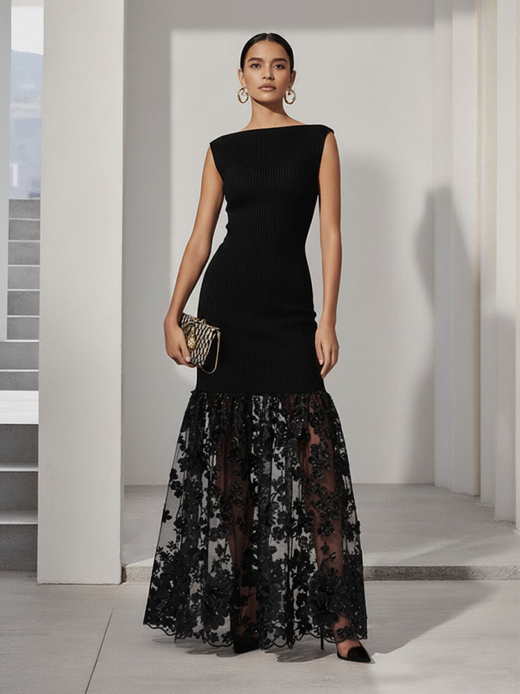 Boat Neck Black Lace Applique Knit Maxi Dress