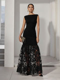Boat Neck Black Lace Applique Knit Maxi Dress