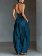 Women's Navy Blue Linen Fabric Cross Halter Wide-Leg Jumpsuit With Tie Waist & Side Pockets MDZ0455B5T