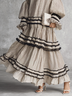 Women's Boho Striped Ruffle Tiered Cotton Blend Long Sleeve Maxi Dress MDZ1426B2BA
