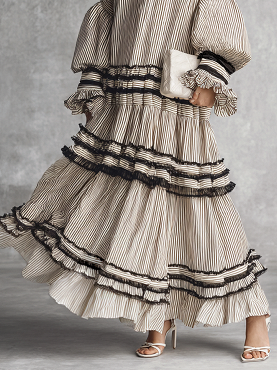 Women's Boho Striped Ruffle Tiered Cotton Blend Long Sleeve Maxi Dress MDZ1426B2BA