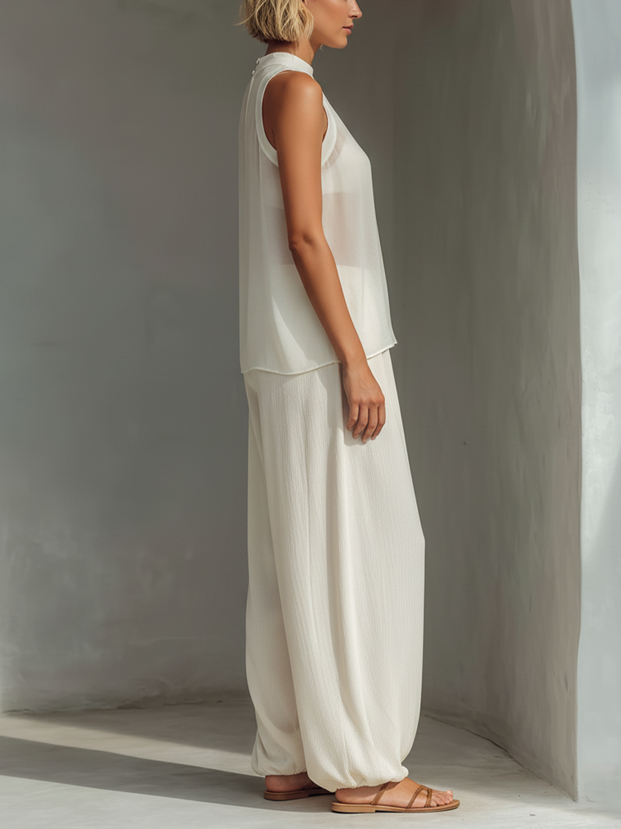 Women's Cream Two-Piece Set With Semi-sheer Chiffon Sleeveless Top & Cotton And Linen Blend Drawstring Wide-Leg Trousers MDZ1039C4T
