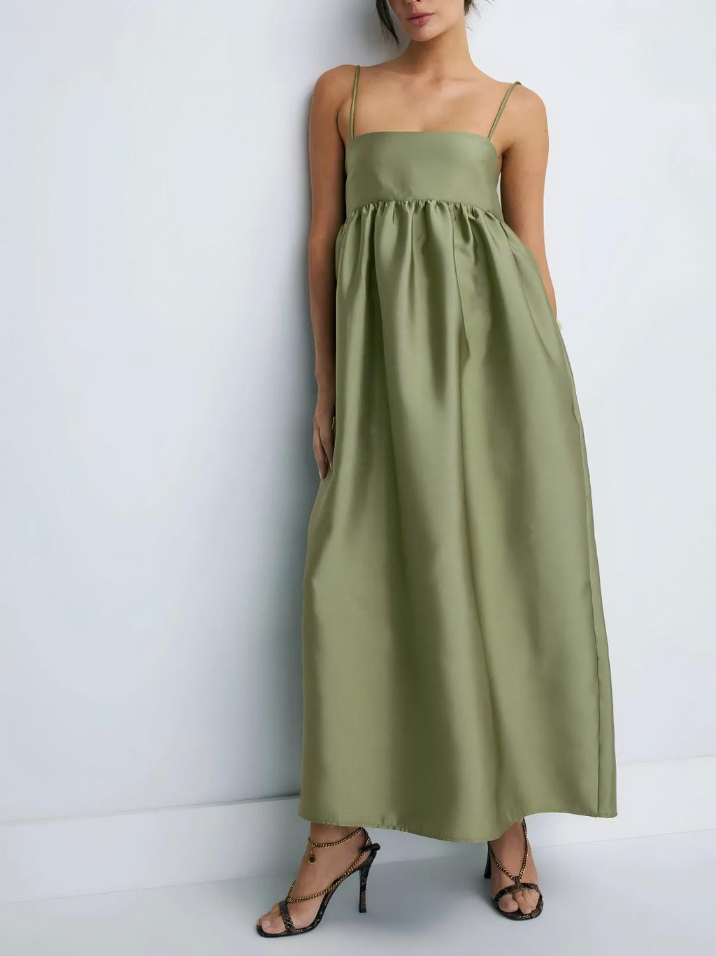 Minimalist Olive Green Babydoll Maxi Dress