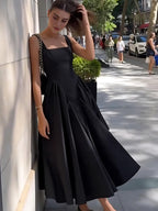 Black Square Neck Back Bow Midi Dress