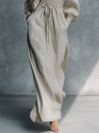 Women's Beige Cotton Linen Striped V-Neck Shirred Waist Maxi Dress MDZ0361C4BA