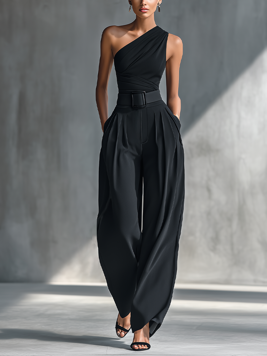 Women's Black High-elastic Knit Top And Acetate Wide-leg Pants MDZ1068B3T