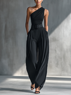 Women's Black High-elastic Knit Top And Acetate Wide-leg Pants MDZ1068B3T