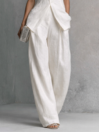 Women's Elegant White Cotton Linen Sleeveless Top and Wide-Leg Pants Set MDZ0221B1BA