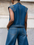 Stylish Casual Stand-collar Straps Denim Shirt
