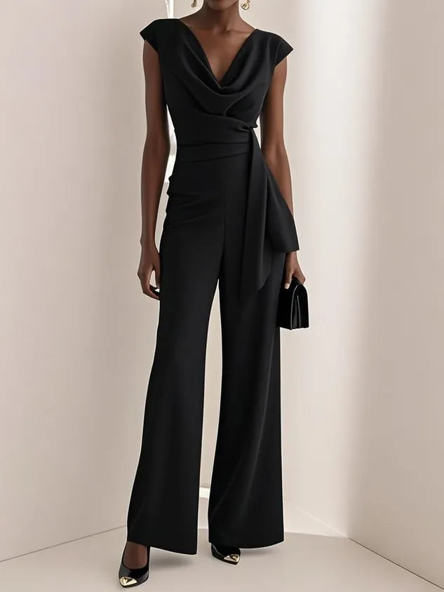 Women Green Ruched Cowl Neck Cap Sleeve Dressy Jumpsuit