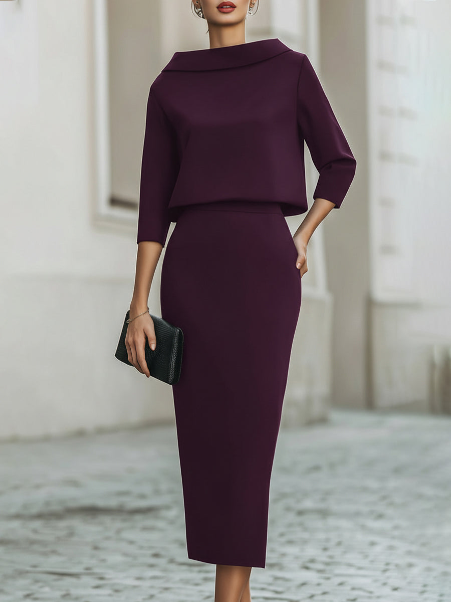 Boat Neck Top And Midi Skirt Set