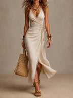 Beige faux-linen wrap maxi dress with lace trim