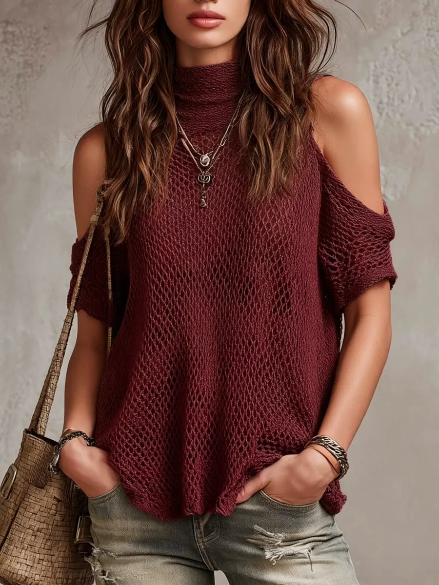 Women's Casual Off-Shoulder Hollow Out High Neck Knit Sweater