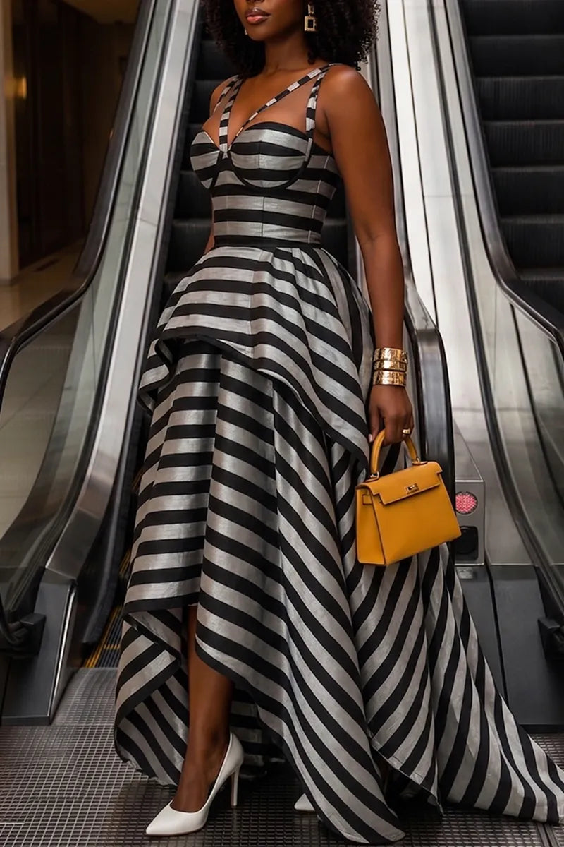 Women's Fashion Stripe Asymmetric Hem Maxi Dress