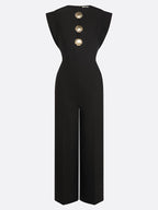 Women Black Buckle Hollow Out Crew Neck Cap Sleeve Dressy Jumpsuit