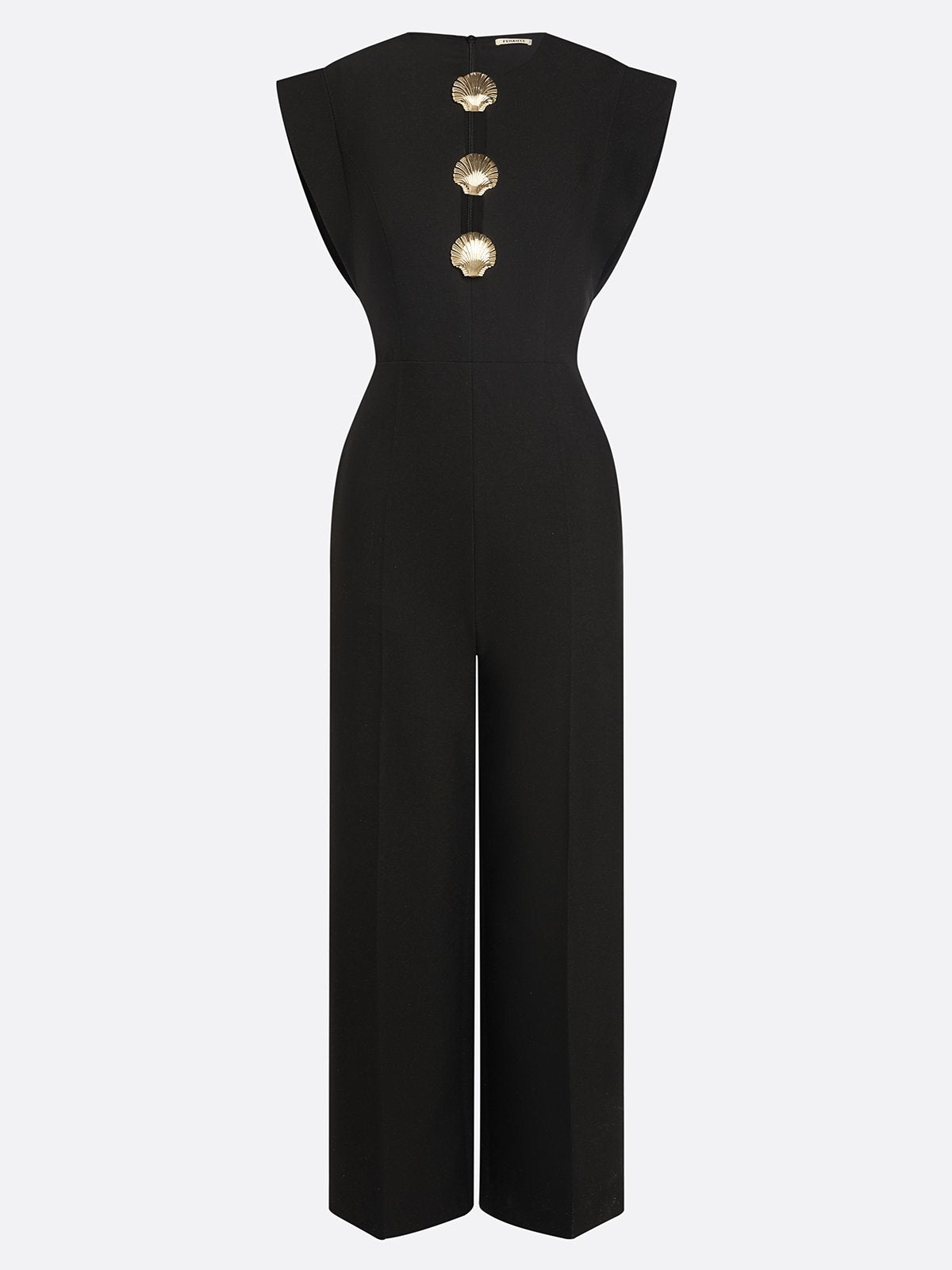 Women Black Buckle Hollow Out Crew Neck Cap Sleeve Dressy Jumpsuit
