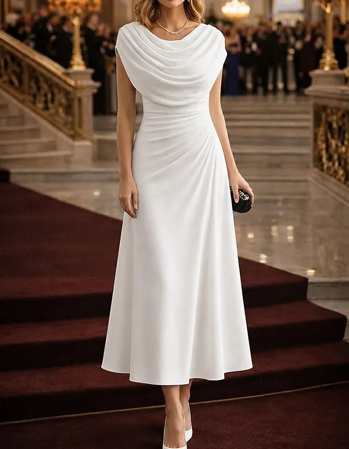 Cowl Neck Sleeveless Side Ruched Flowy Chiffon Midi Dress