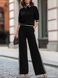 Black Contrast Stripe Polo Collar Elbow Sleeve Top & Wide-Leg Pant