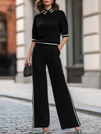 Black Contrast Stripe Polo Collar Elbow Sleeve Top & Wide-Leg Pant
