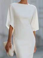 White Boat Neck Batwing Sleeve Midi Pencil Dress