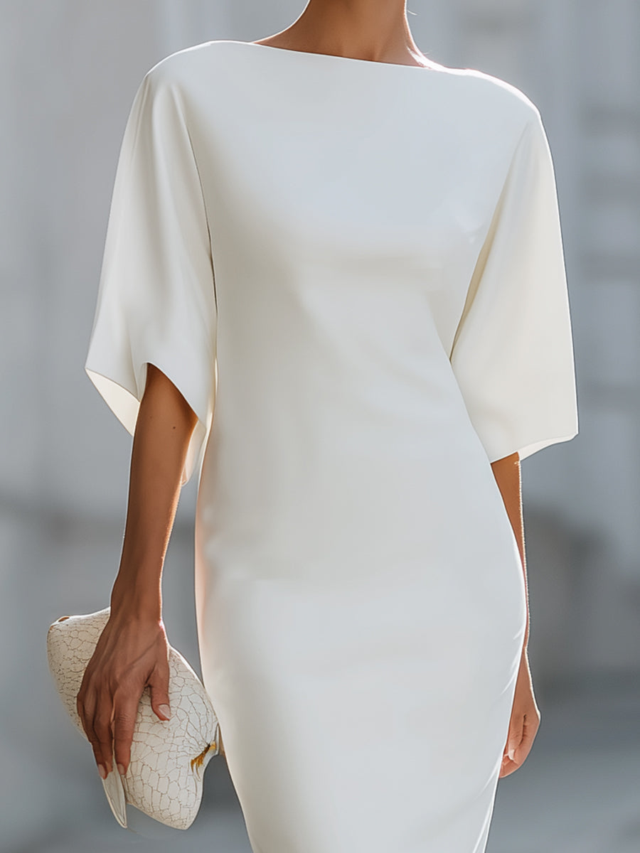 White Boat Neck Batwing Sleeve Midi Pencil Dress