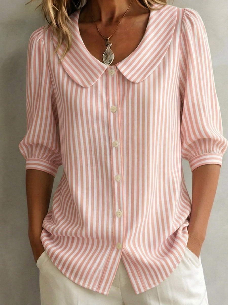 Retro Peter Pan Collar Striped Cotton-linen Shirt