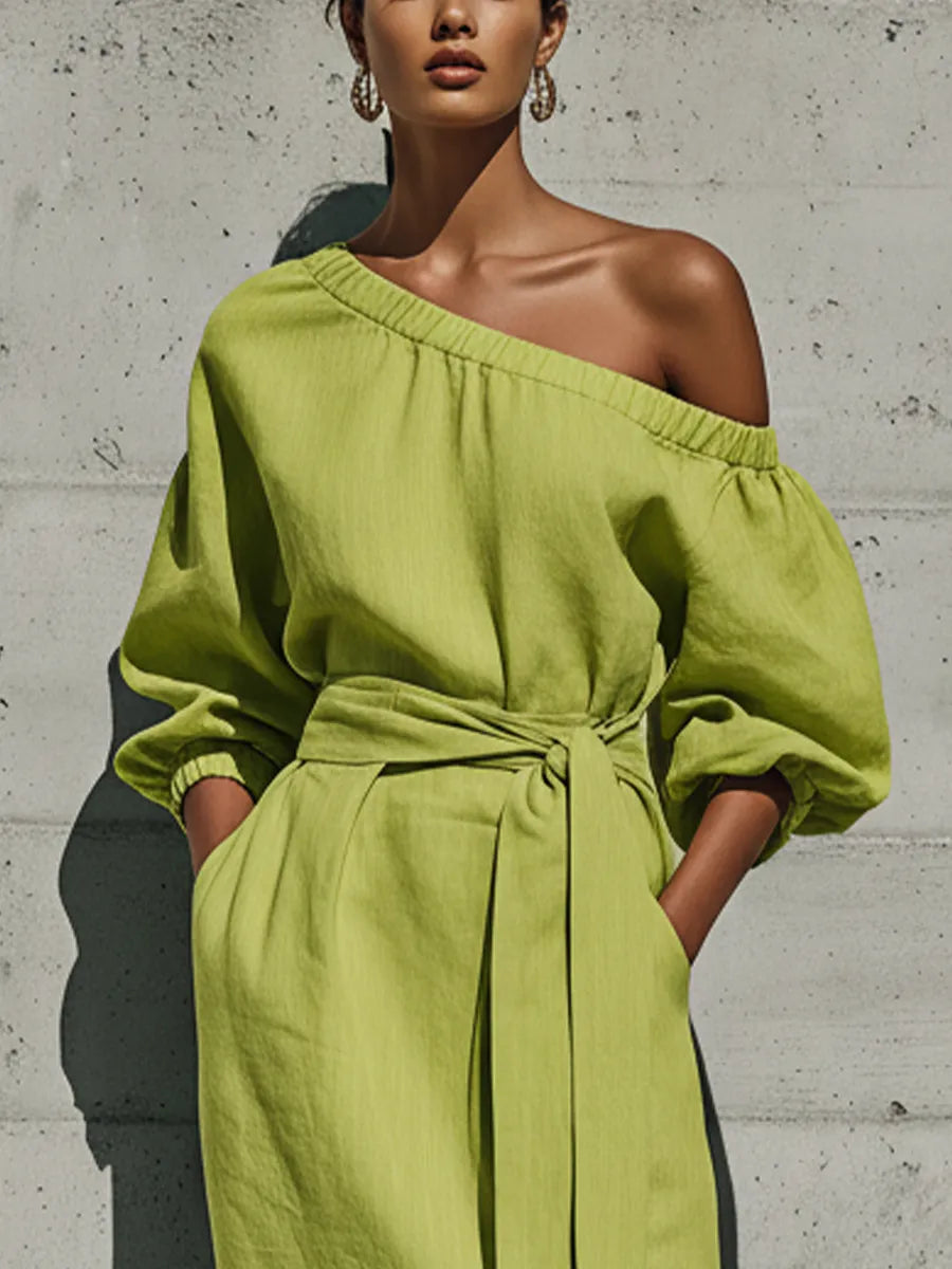 Women’s Lime Green Linen-Blend Off-The-Shoulder Puff Sleeve Tie Waist Midi Dress With Side Slit MDZ1150F0T