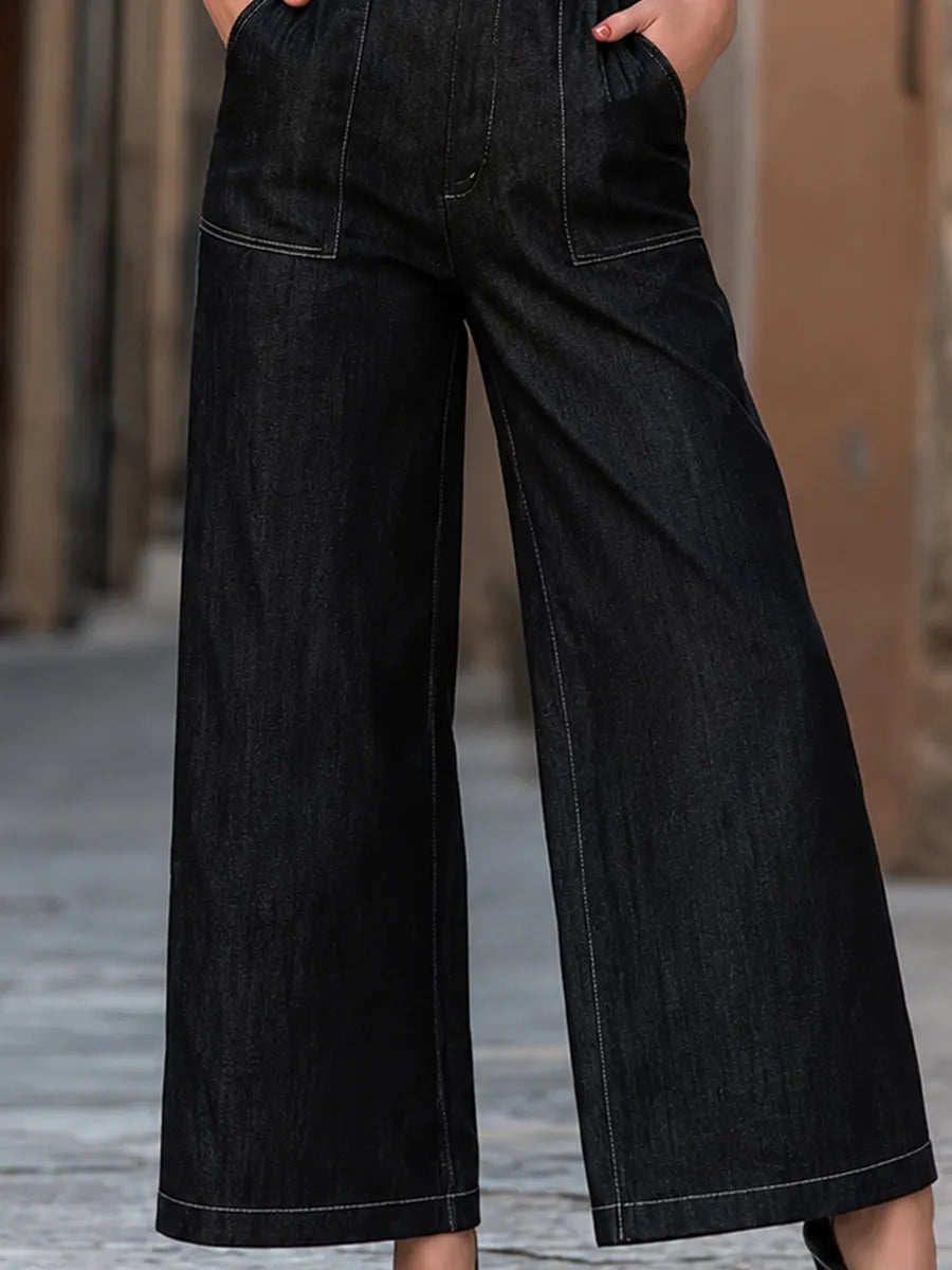Deep V-Neck Belted Denim Wide-Leg Jumpsuit